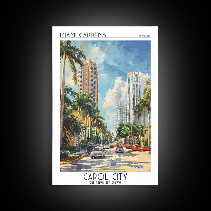 Miami Gardens Travel Poster, Canvas Print, Retro Wall Art, Travel Print, Retro Travel Print, Watercolor Cityscape, Home Office Decor