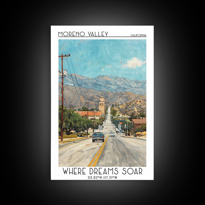 Moreno Valley Travel Poster, Framed Canvas Print, City Art Print, Travel Wall Art, Wall Art, City Travel Poster, Retro Travel Poster