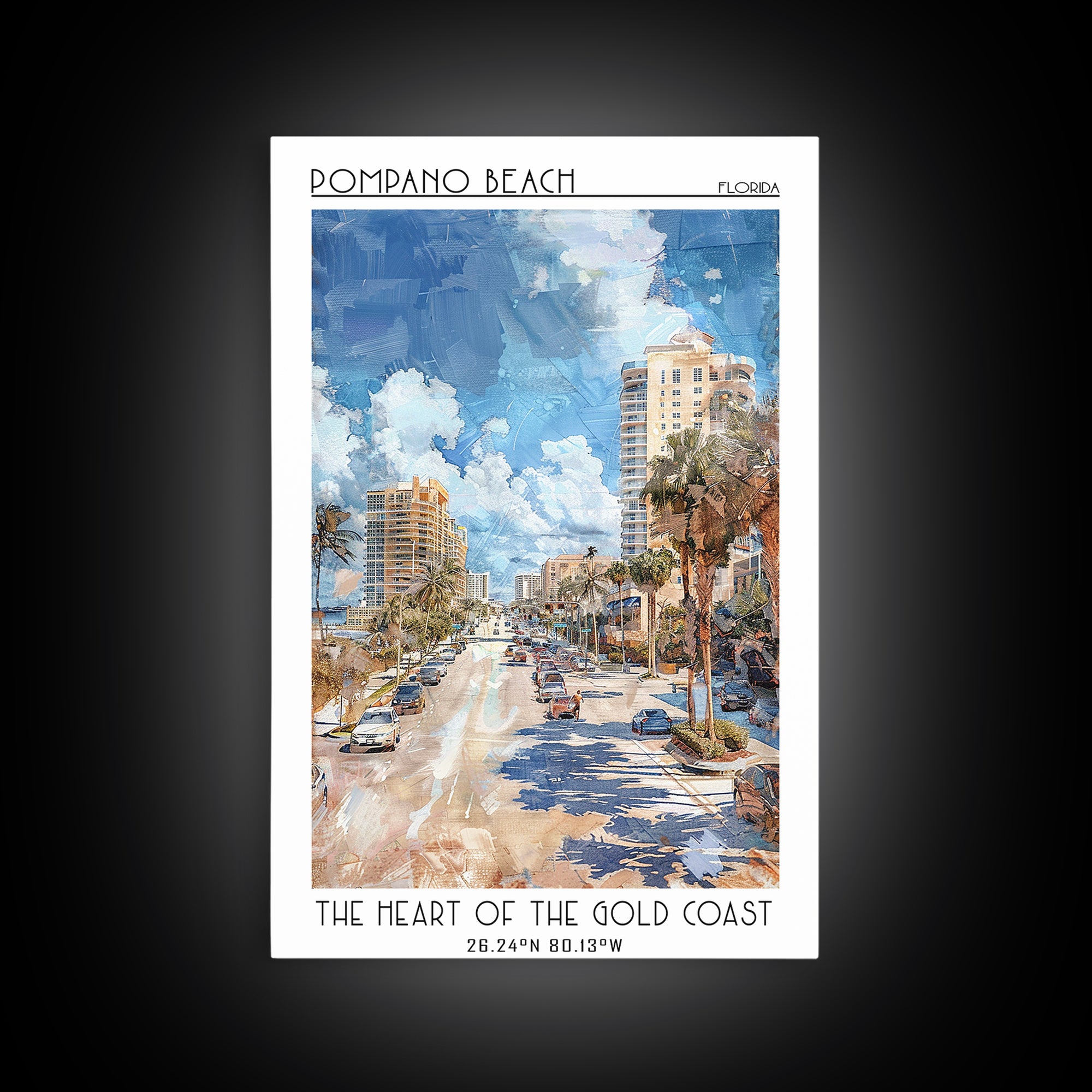 Pompano Beach Travel Poster, Canvas Print, Travel Prints, Landscape Art, City Illustration, Home Decor, Poster Print, Travel Posters