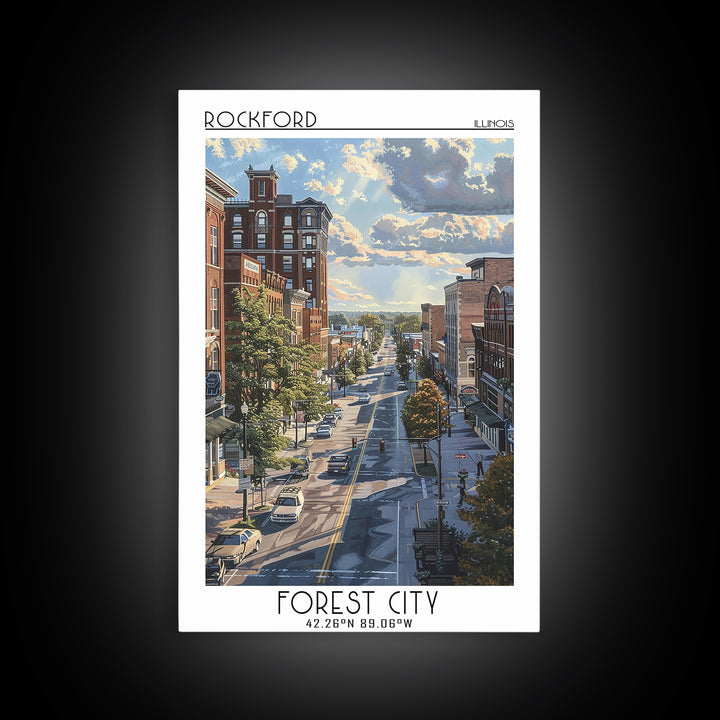 Rockford Travel Poster, Framed Canvas Print, Travel Wall Decor, Minimalist Poster, Travel Wall Art, Travel Prints, City Illustration
