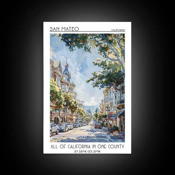 San Mateo Travel Poster, Canvas Print, Retro Wall Art, Travel Print, Fine Art Print, Watercolor Cityscape, Poster Art, Landscape Art