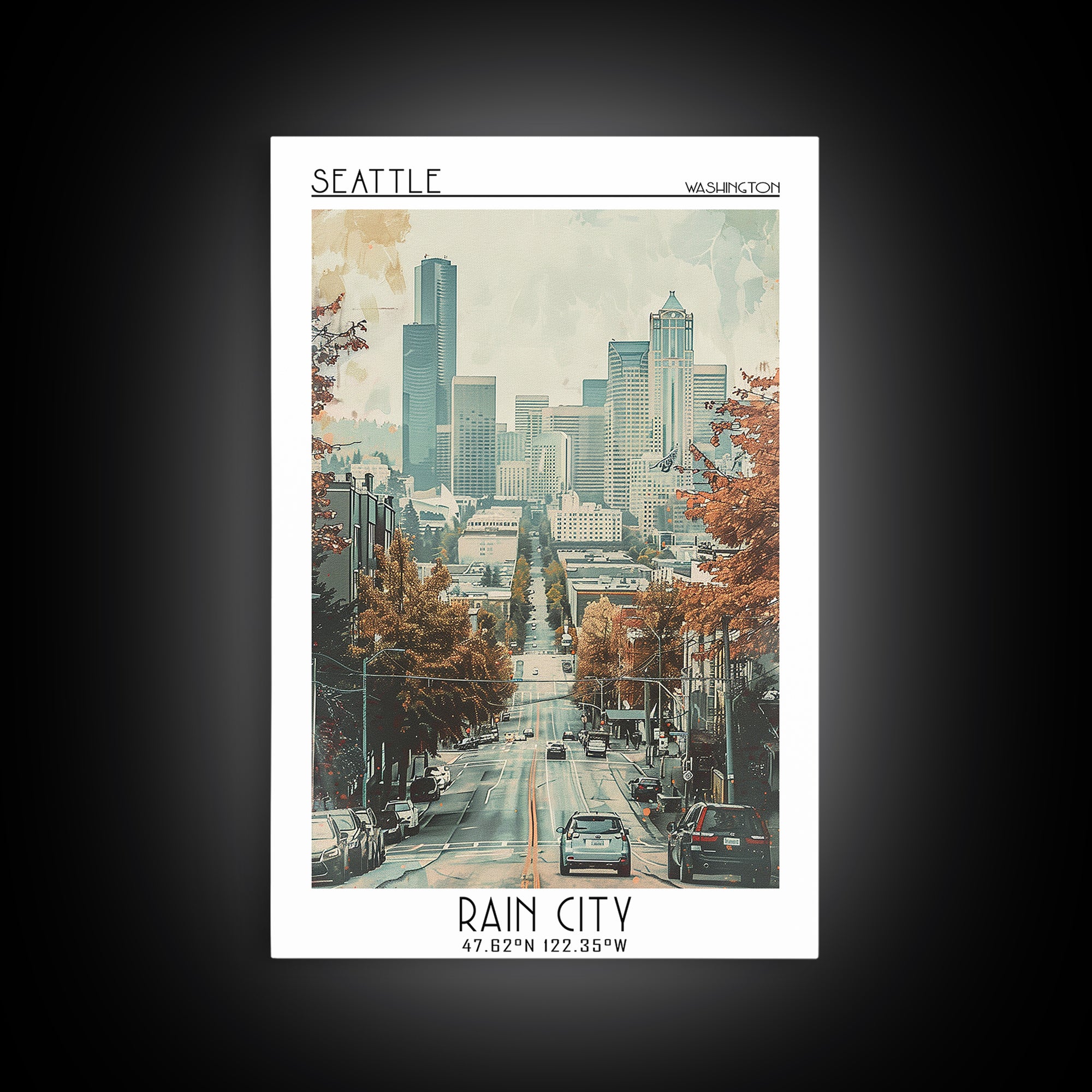 Seattle Travel Poster, Framed Canvas Print, Travel Wall Decor, Minimalist Poster, Landscape Art, Travel Posters, Retro Travel Poster