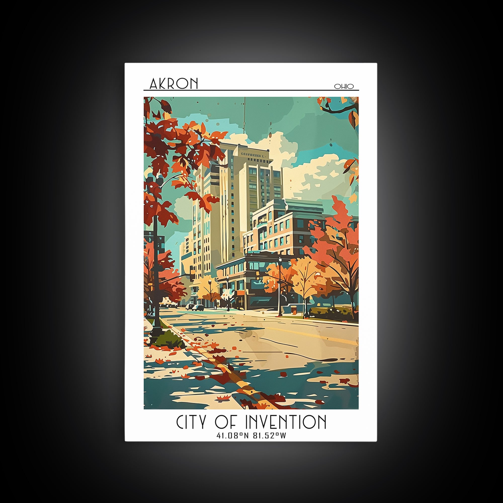 Akron Travel Poster, Framed Canvas Print, Travel Wall Decor, Minimalist Poster, Living Room Wall Art, Travel Posters, Fine Art Print