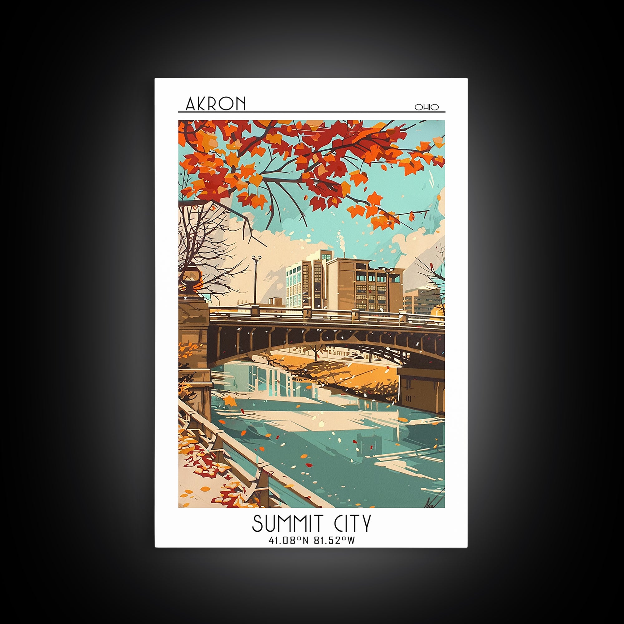 Akron Ohio Travel Poster, Framed Canvas Print, Retro Wall Art, Travel Print, Vintage Travel Print, Vintage City Poster, Poster Print