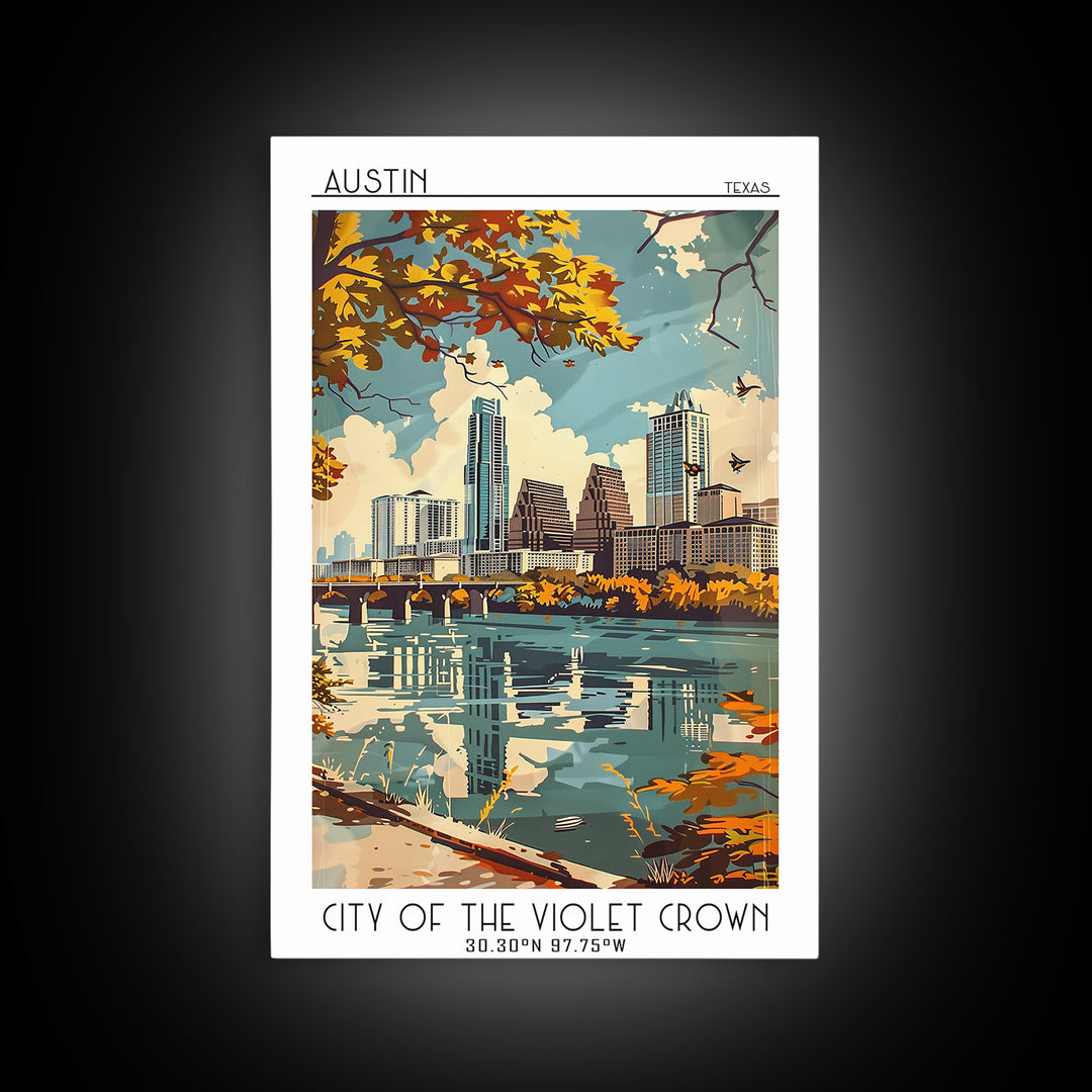 Austin Texas Travel Poster, Framed Canvas Print, City Travel Poster, Vintage City Poster, City Art Print, Poster Art, Vintage Poster
