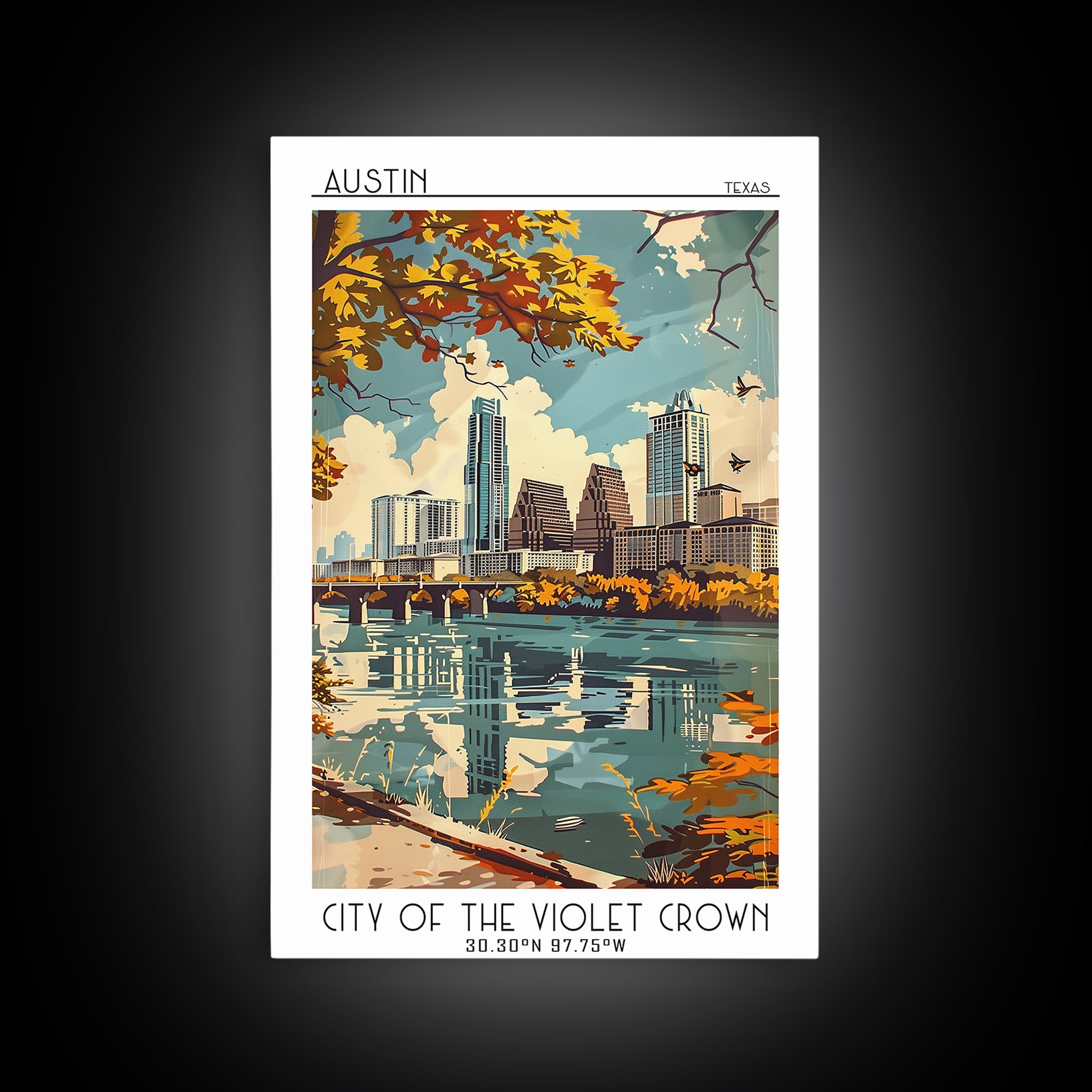 Austin Texas Travel Poster, Framed Canvas Print, City Travel Poster, Vintage City Poster, City Art Print, Poster Art, Vintage Poster