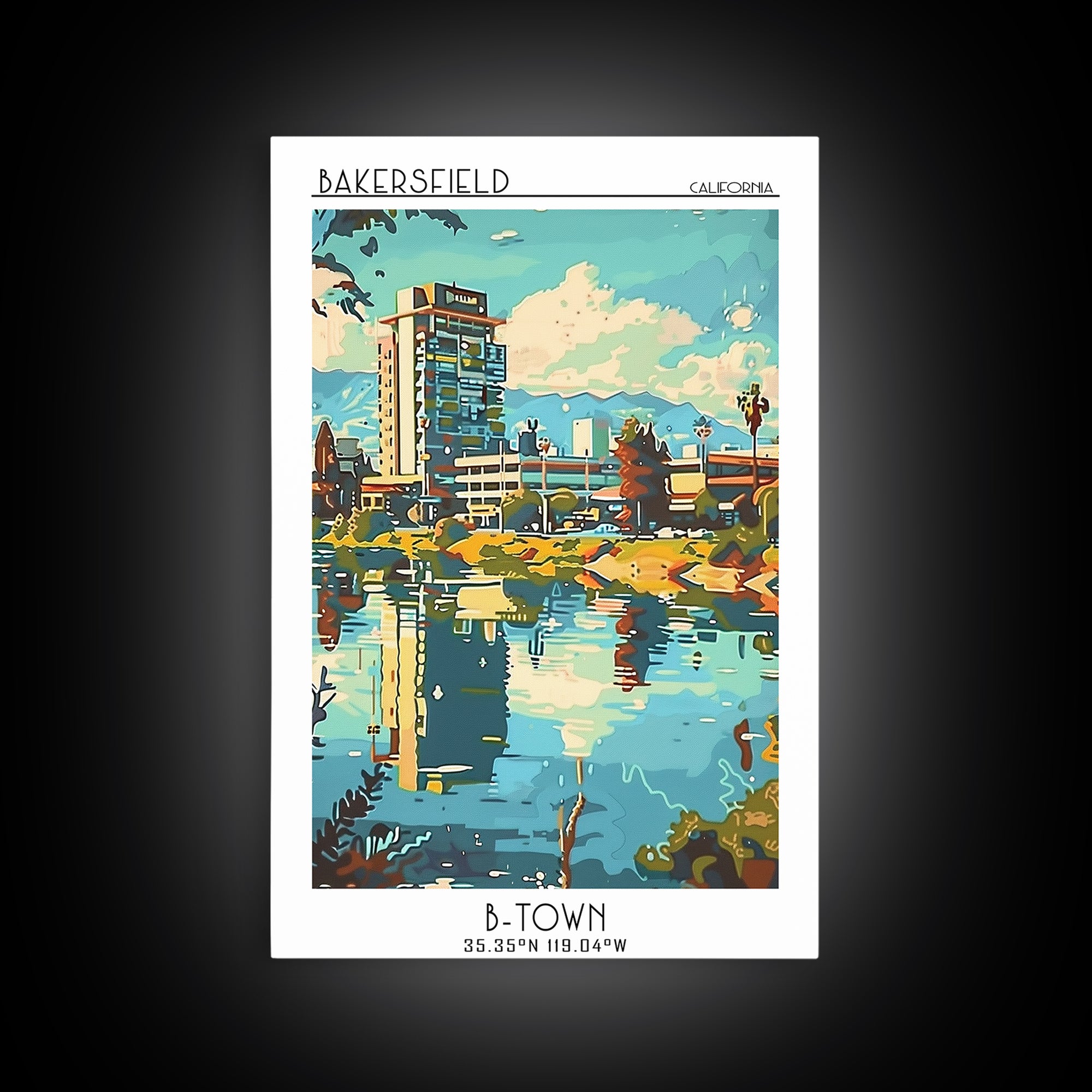 Bakersfield Travel Poster, Framed Canvas Print, Travel Prints, Landscape Art, Retro Wall Art, Vintage Travel Art, City Travel Poster