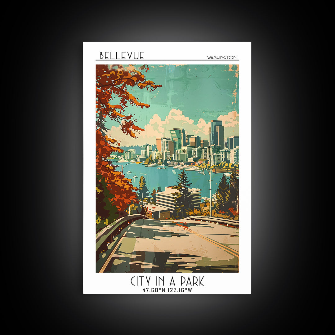Bellevue Travel Poster, Framed Canvas Print, Retro Wall Art, Travel Print, City Travel Poster, Colorful Wall Art, Retro Travel Print