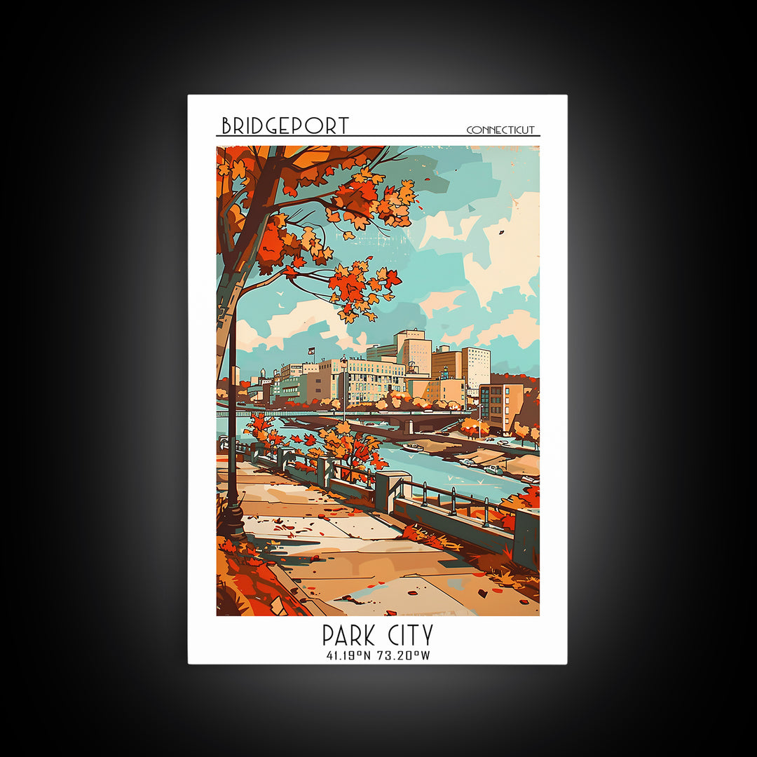 Bridgeport Travel Poster, Framed Canvas Print, City Art Print, Travel Wall Art, Art Print, Retro Travel Poster, Mid Century Wall Art