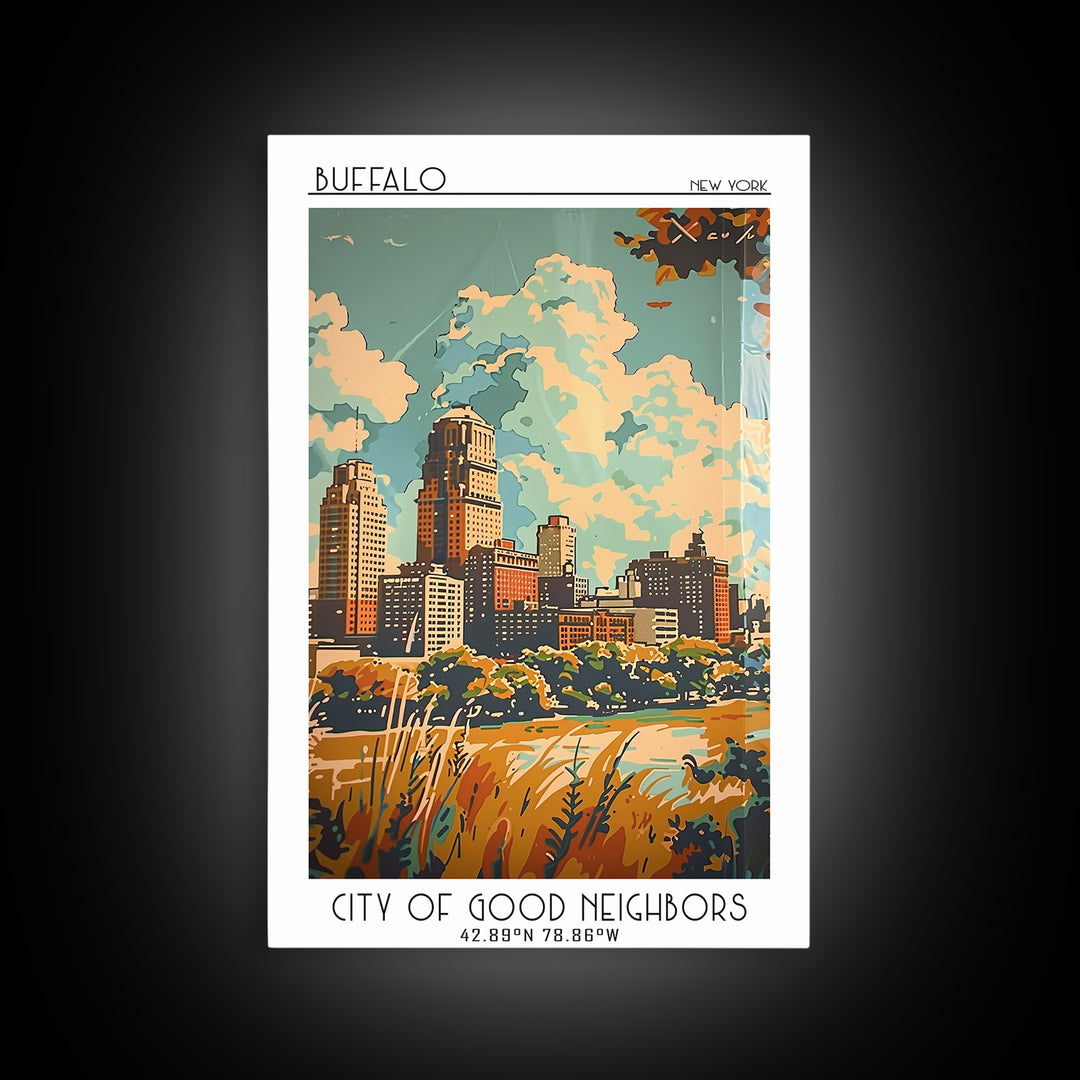 Buffalo Travel Poster, Framed Canvas Print, Travel Wall Decor, Minimalist Poster, Modern Wall Decor, Fine Art Print, Wanderlust Gift