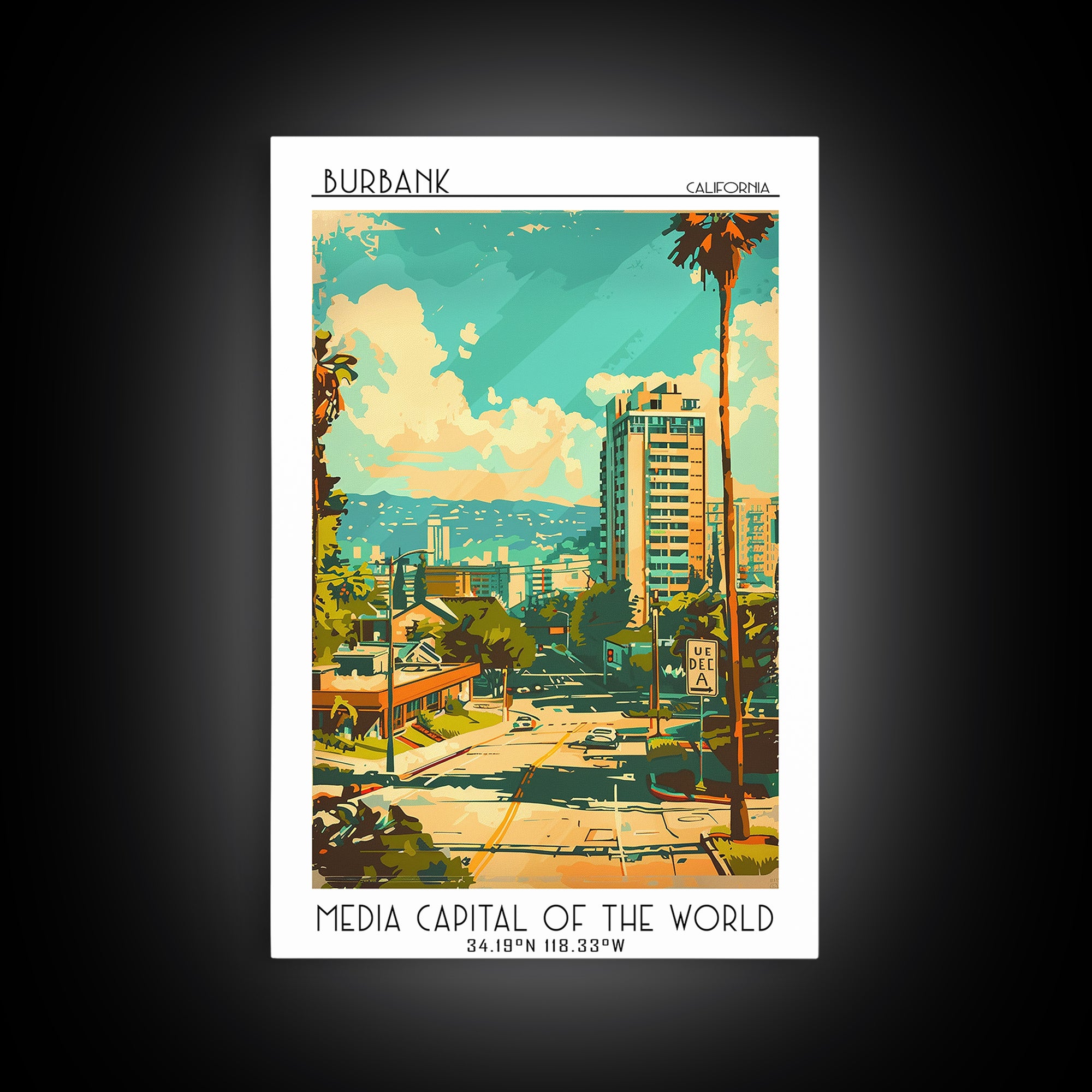 Burbank California Travel Poster, Canvas Print, City Travel Poster, Vintage City Poster, City Illustration, Art Print, City Wall Art