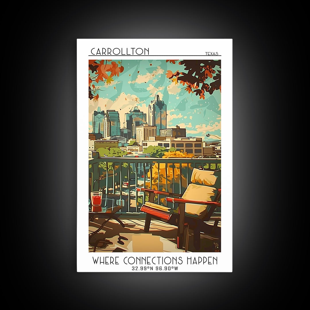 Carrollton Texas Travel Poster, Framed Canvas Print, Retro Wall Art, Travel Print, Modern Wall Decor, Retro Travel Print, Poster Art