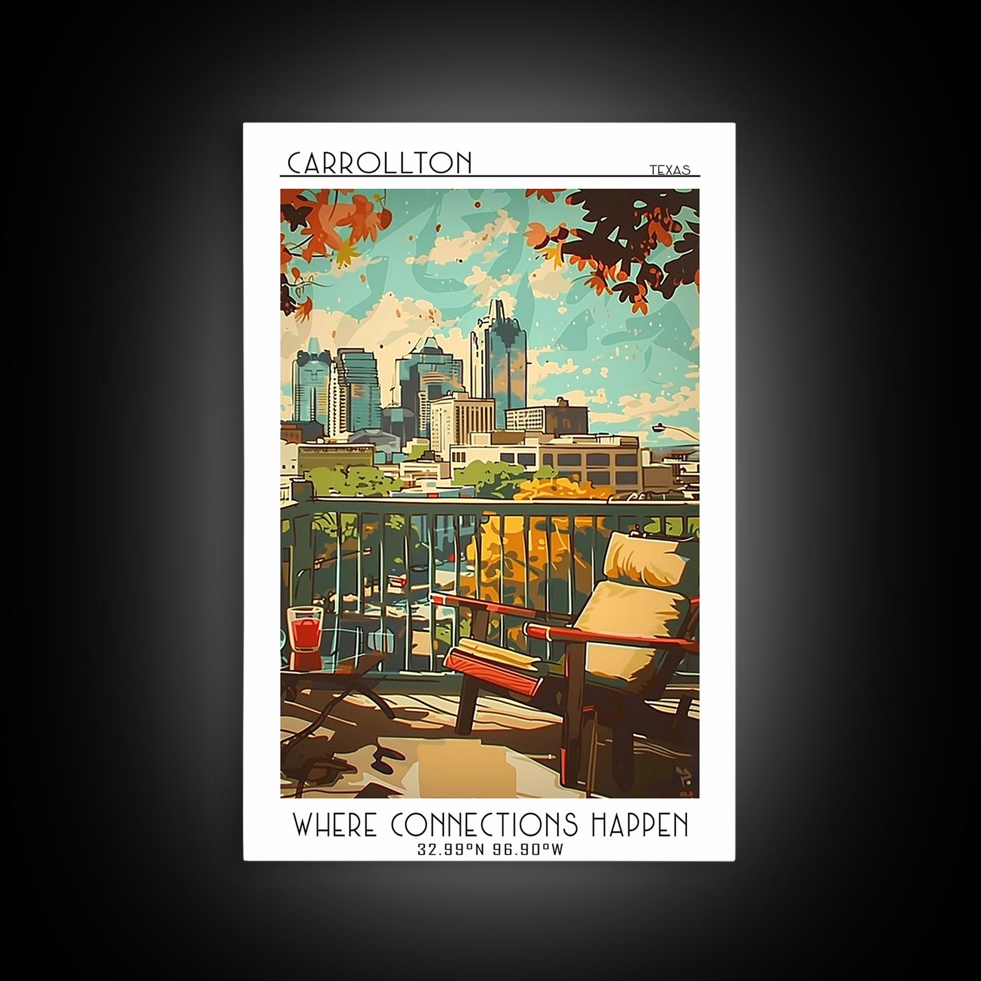 Carrollton Texas Travel Poster, Framed Canvas Print, Retro Wall Art, Travel Print, Modern Wall Decor, Retro Travel Print, Poster Art