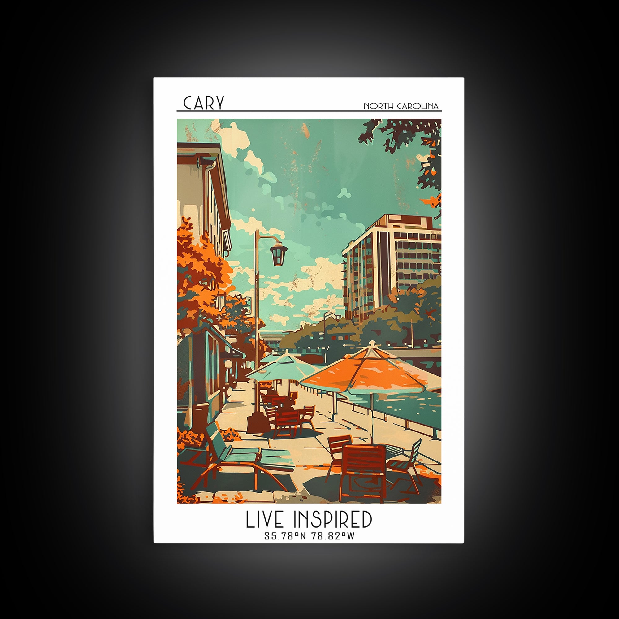 Cary North Carolina Travel Poster, Framed Canvas Print, Retro Wall Art, Travel Print, Art Print, Home Office Decor, Travel Art Print