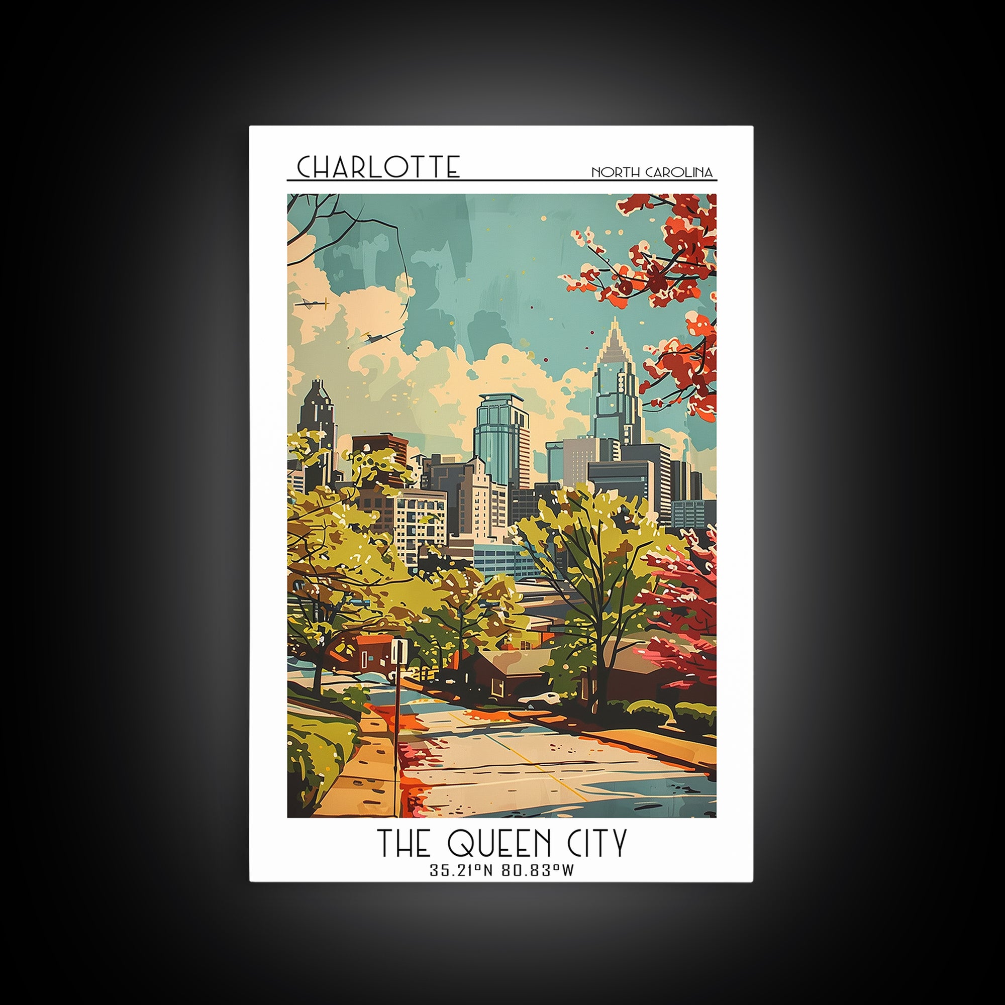 Charlotte North Carolina Travel Poster, Framed Canvas Print, Retro Wall Art, Travel Print, Fine Art Print, Wall Art, Travel Wall Art