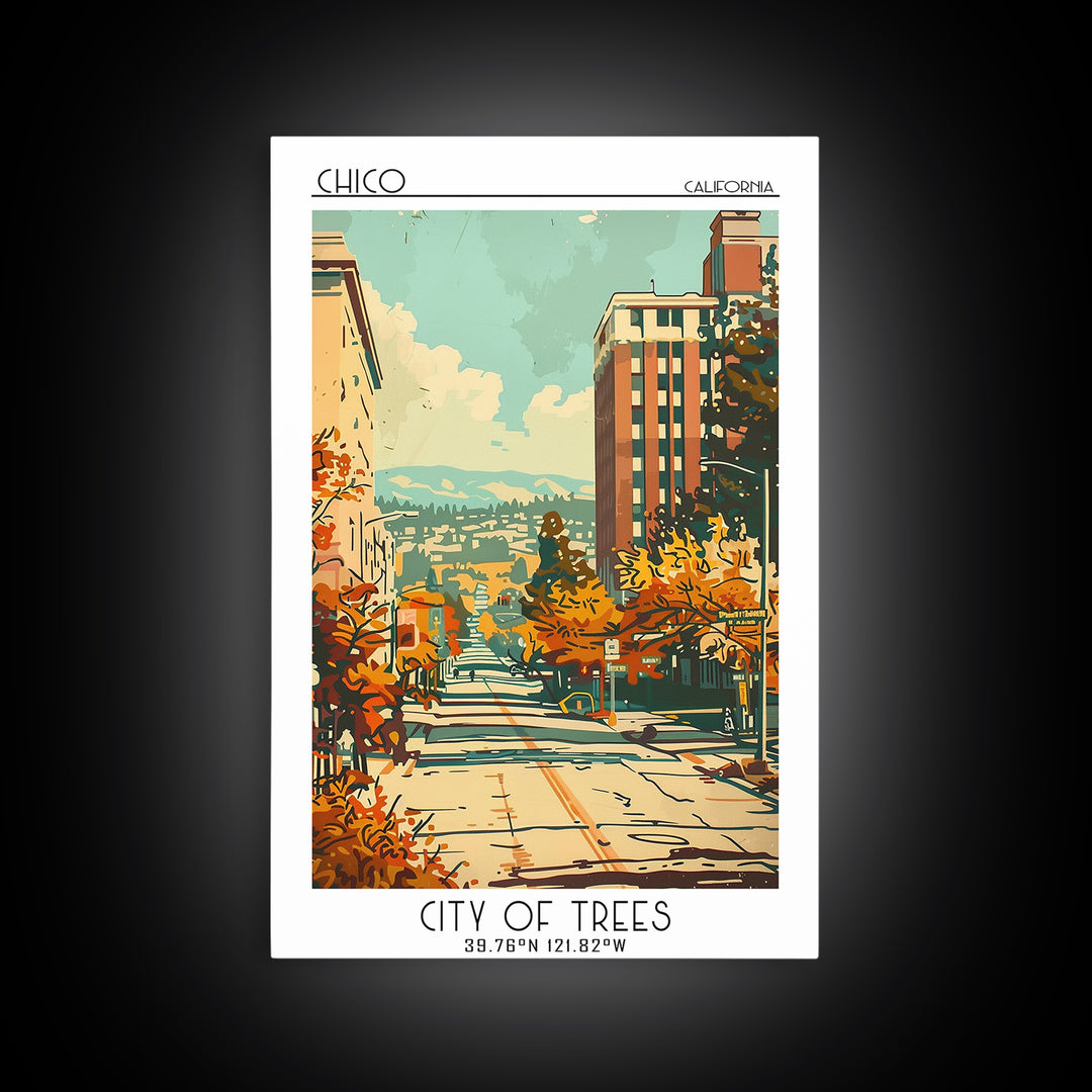 Chico California Travel Poster, Framed Canvas Print, Travel Art Print, Modern Wall Decor, Poster Art, Retro Wall Art, Travel Posters