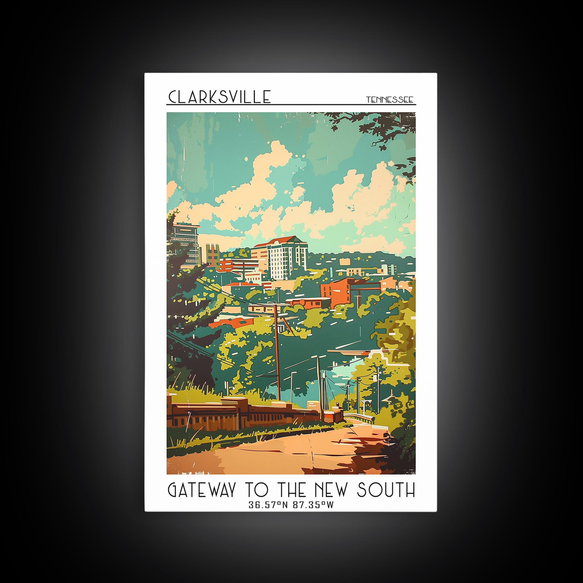 Clarksville Travel Poster, Framed Canvas Print, Travel Wall Decor, Minimalist Poster, Fine Art Print, Home Decor, City Travel Poster