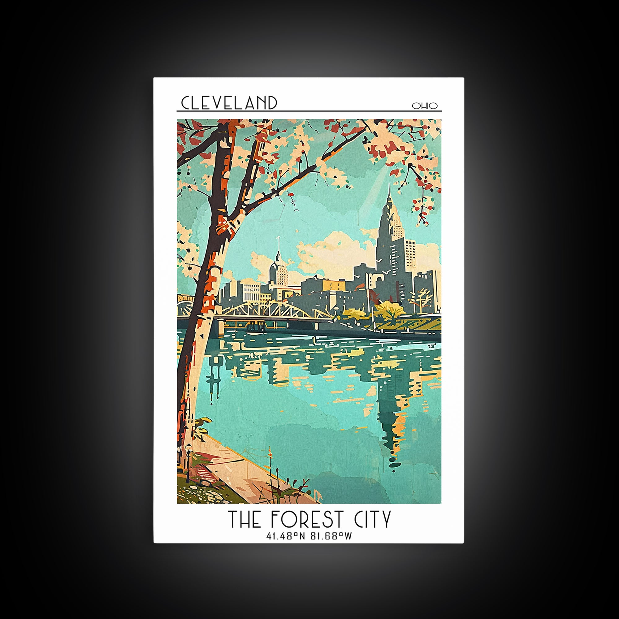 Cleveland Travel Poster, Framed Canvas Print, Travel Wall Decor, Minimalist Poster, Retro Wall Art, Travel Decor, Retro Travel Print