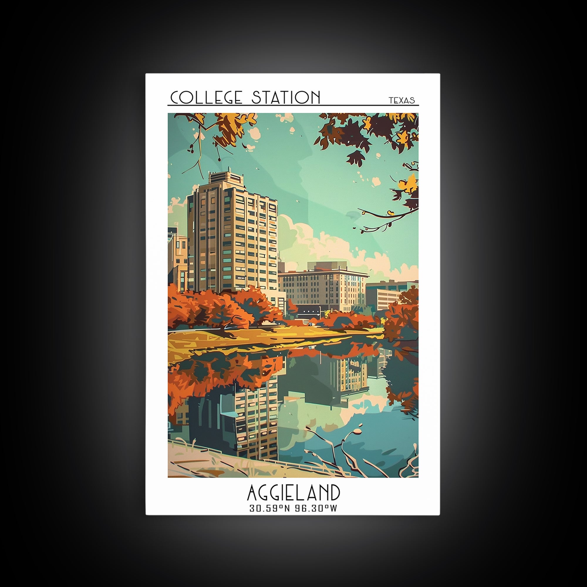 College Station Texas Travel Poster, Framed Canvas Print, Travel Prints, Landscape Art, Poster Art, Wanderlust Gift, Vintage Posters