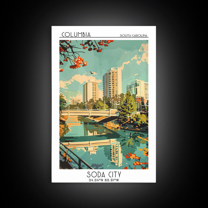Columbia South Carolina Travel Poster, Framed Canvas Print, City Travel Poster, Travel Wall Decor, Colorful Wall Art, City Art Print