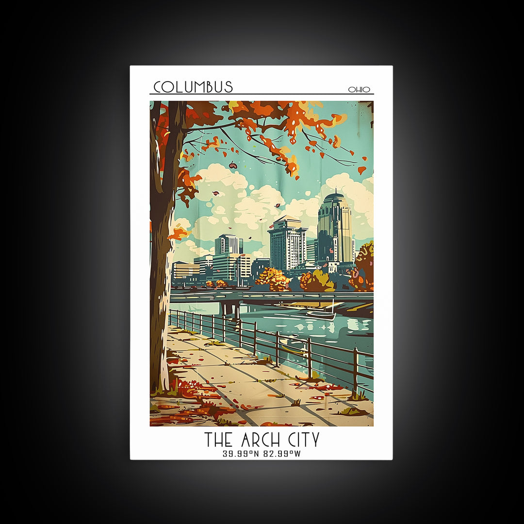 Columbus Ohio Travel Poster, Framed Canvas Print, Travel Art Print, Modern Wall Decor, Colorful Wall Art, Wanderlust Gift, Art Print