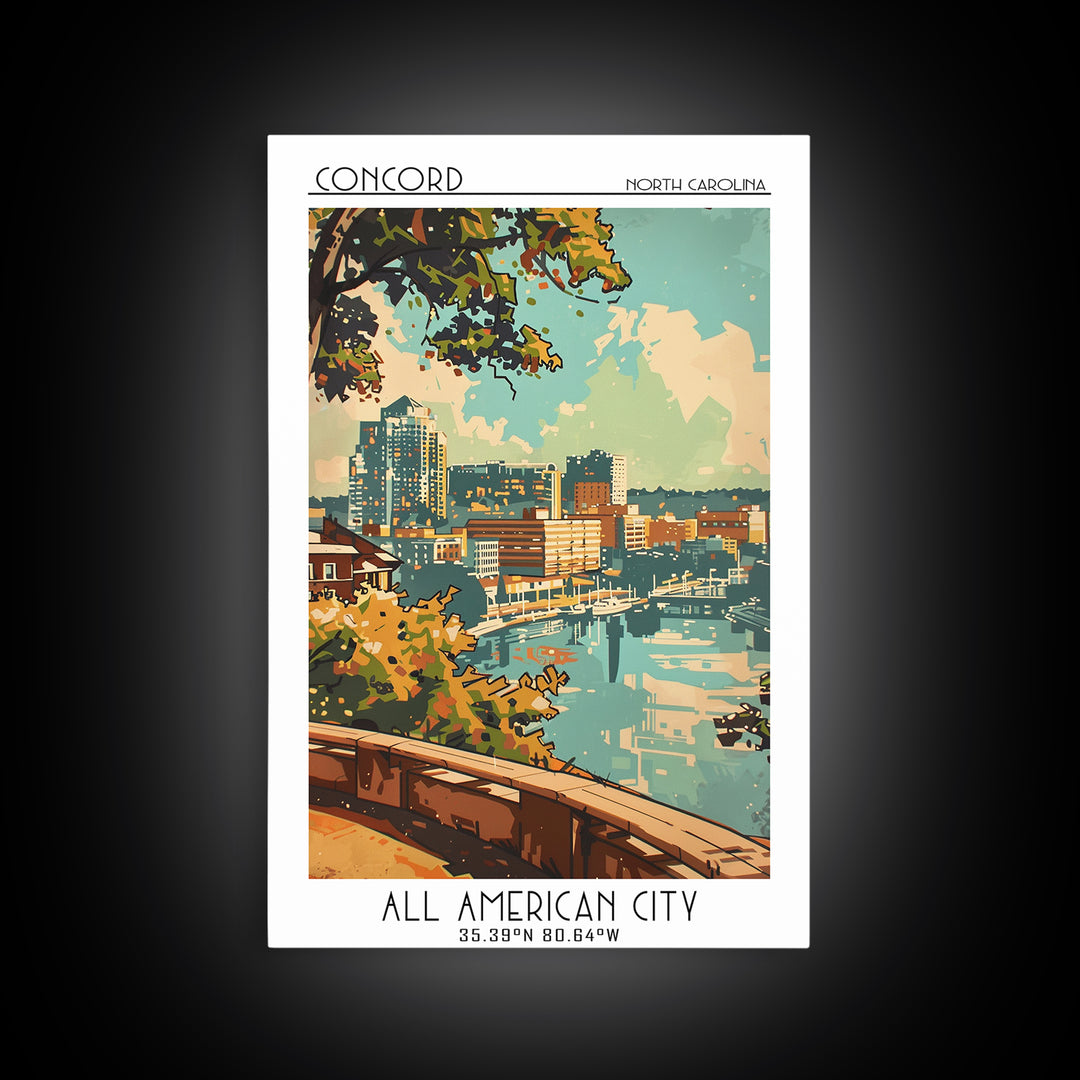 Concord North Carolina Travel Poster, Framed Canvas Print, City Travel Poster, Travel Wall Art, Travel Wall Decor, City Illustration