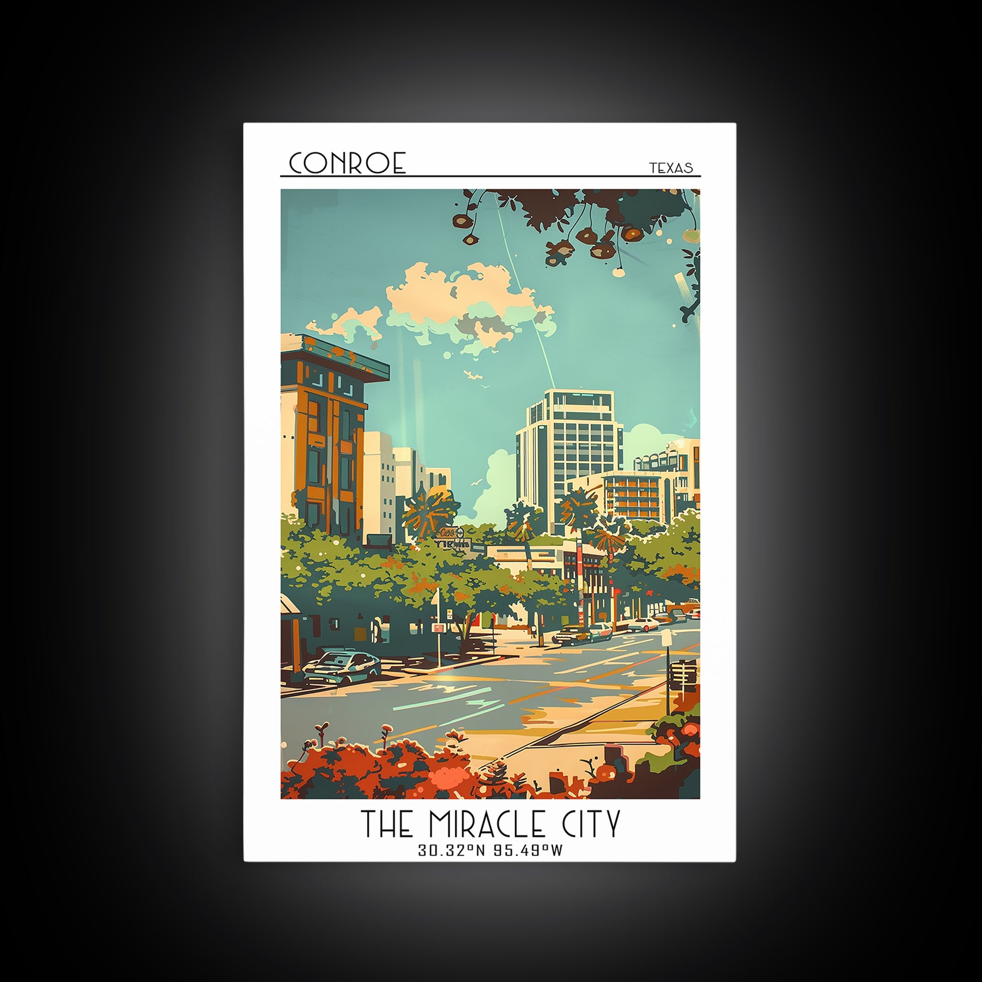 Conroe Travel Poster, Canvas Print, Travel Wall Art, City Wall Art, Fine Art Print, Colorful Wall Art, Wall Art, Retro Travel Poster
