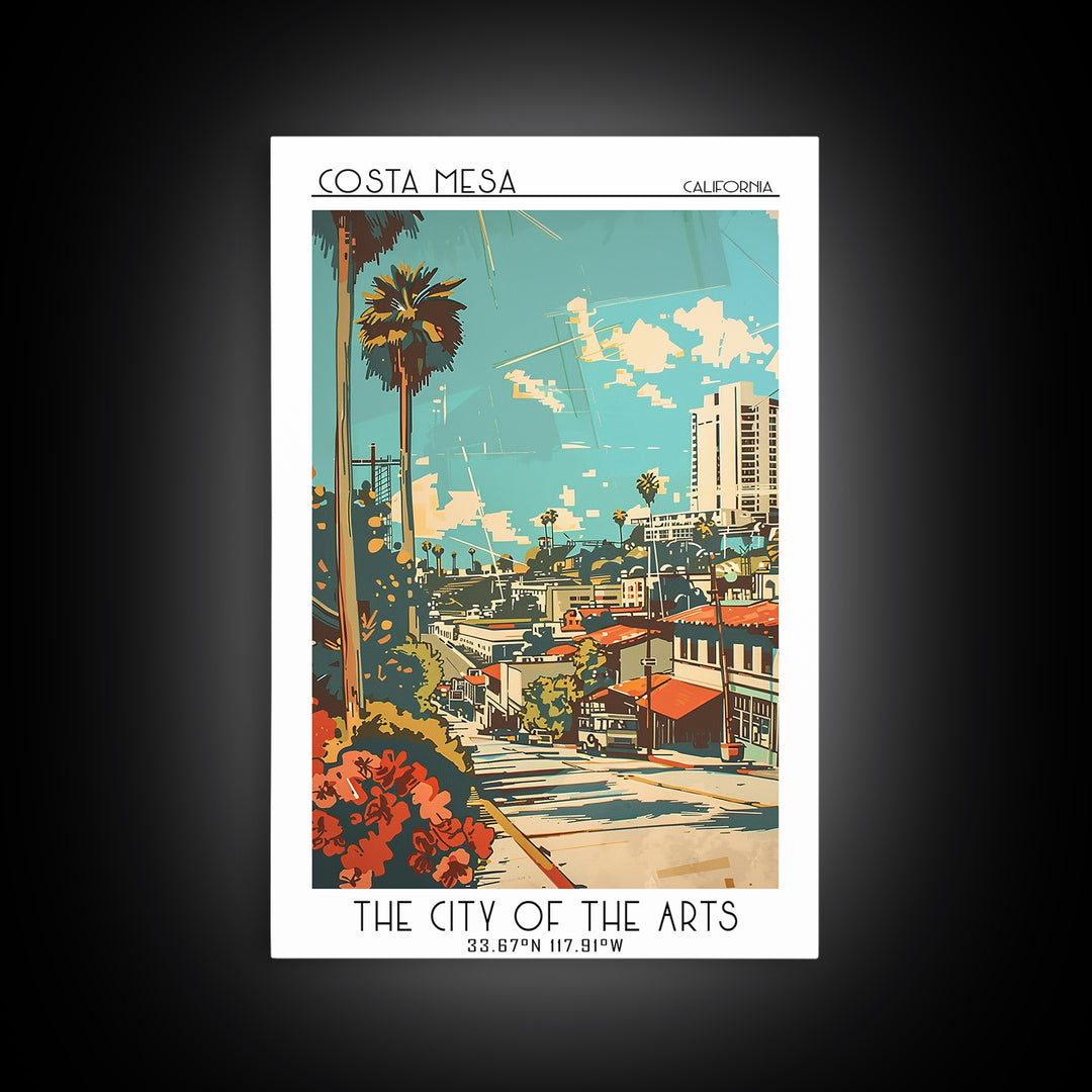 Costa Mesa California Travel Poster, Framed Canvas Print, Travel Prints, Landscape Art, Retro Wall Art, Art Print, City Illustration