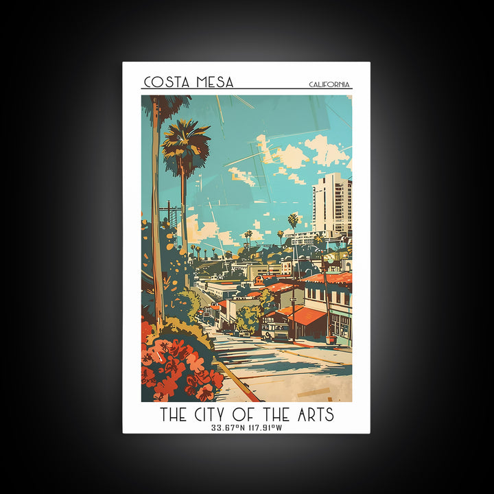 Costa Mesa California Travel Poster, Framed Canvas Print, Travel Prints, Landscape Art, Retro Wall Art, Art Print, City Illustration