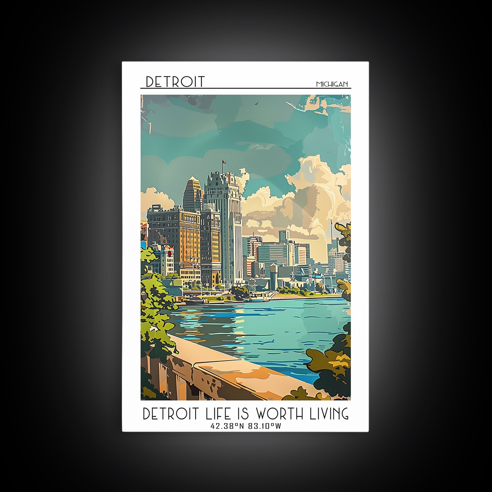 Detroit Michigan Travel Poster, Framed Canvas Print, Retro Travel Poster, City Wall Art, Travel Wall Art, Poster Print, Travel Decor