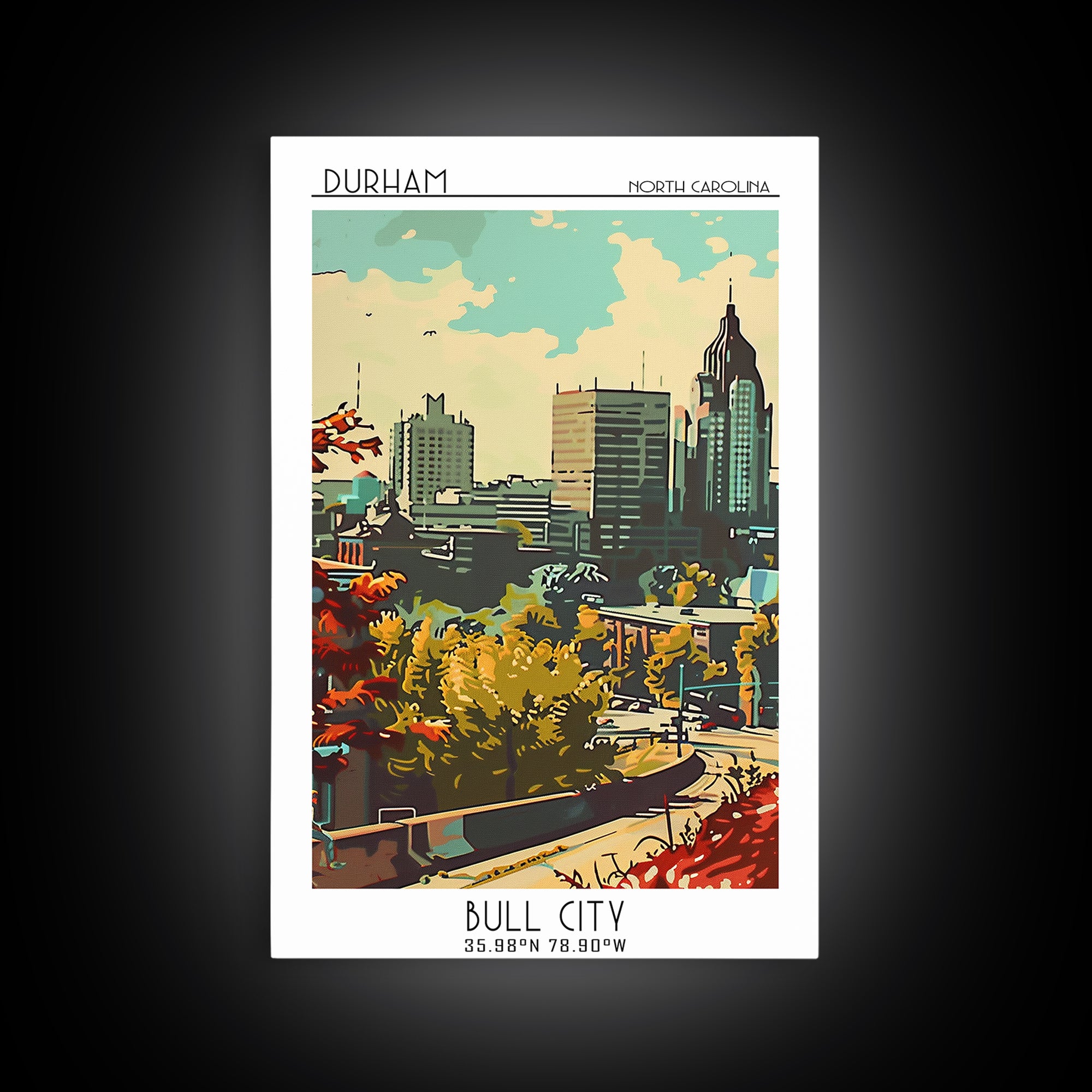 Durham Travel Poster, Framed Canvas Print, Travel Wall Art, City Wall Art, Watercolor Cityscape, Modern Wall Decor, Gallery Wall Set
