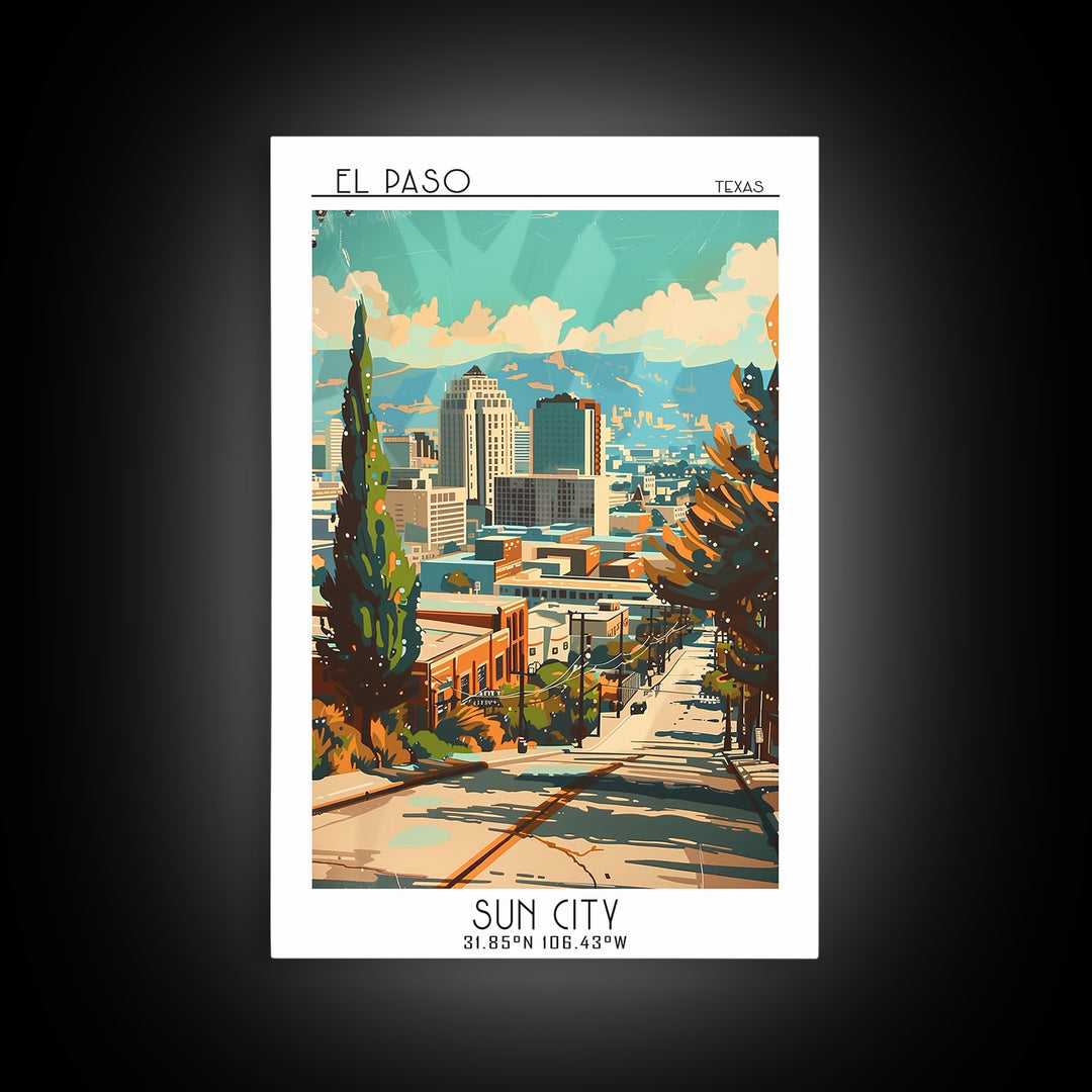 El Paso Texas Travel Poster, Canvas Print, Travel Prints, Landscape Art, Travel Wall Decor, Watercolor Cityscape, Retro Travel Print
