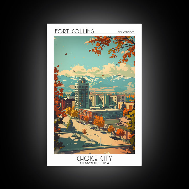 Fort Collins Travel Poster, Framed Canvas Print, Vintage Travel Print, City Wall Art, Vintage Posters, Travel Prints, City Art Print