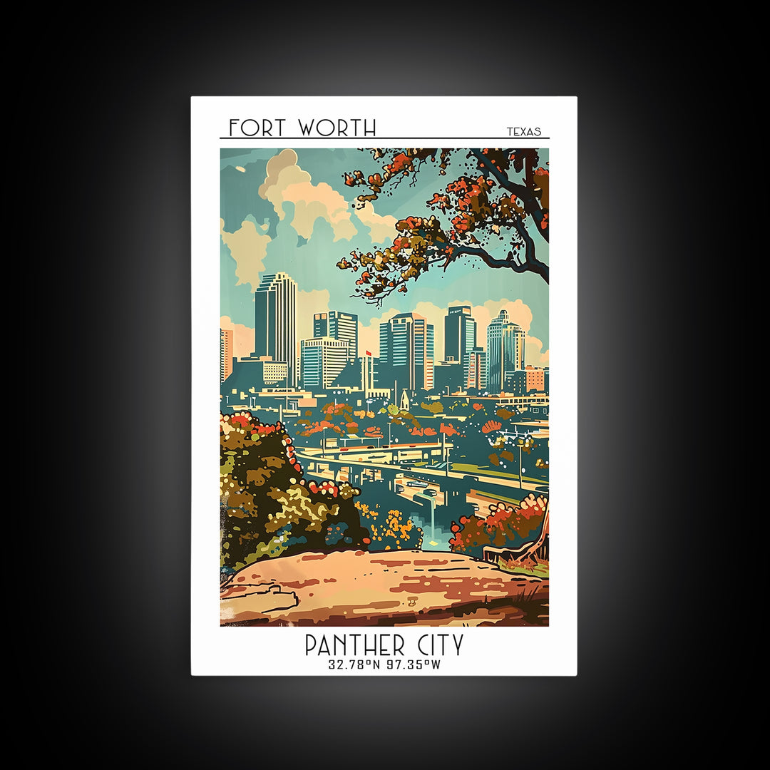 Fort Worth Travel Poster, Canvas Print, Retro Wall Art, Travel Print, Home Office Decor, Landscape Art, Modern Wall Decor, Art Print