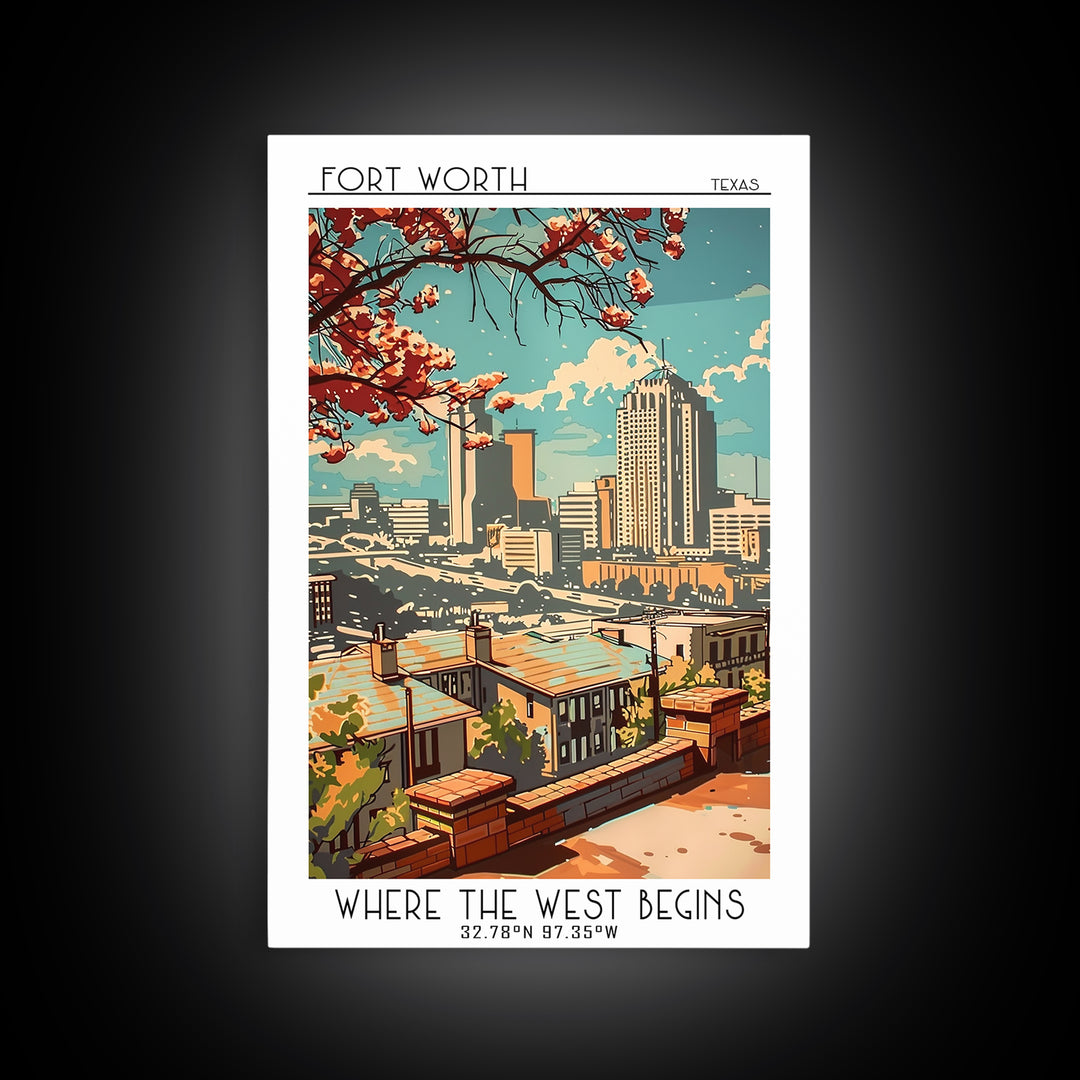 Fort Worth Texas Travel Poster, Framed Canvas Print, Travel Prints, Landscape Art, Modern Wall Decor, Travel Decor, Gallery Wall Set