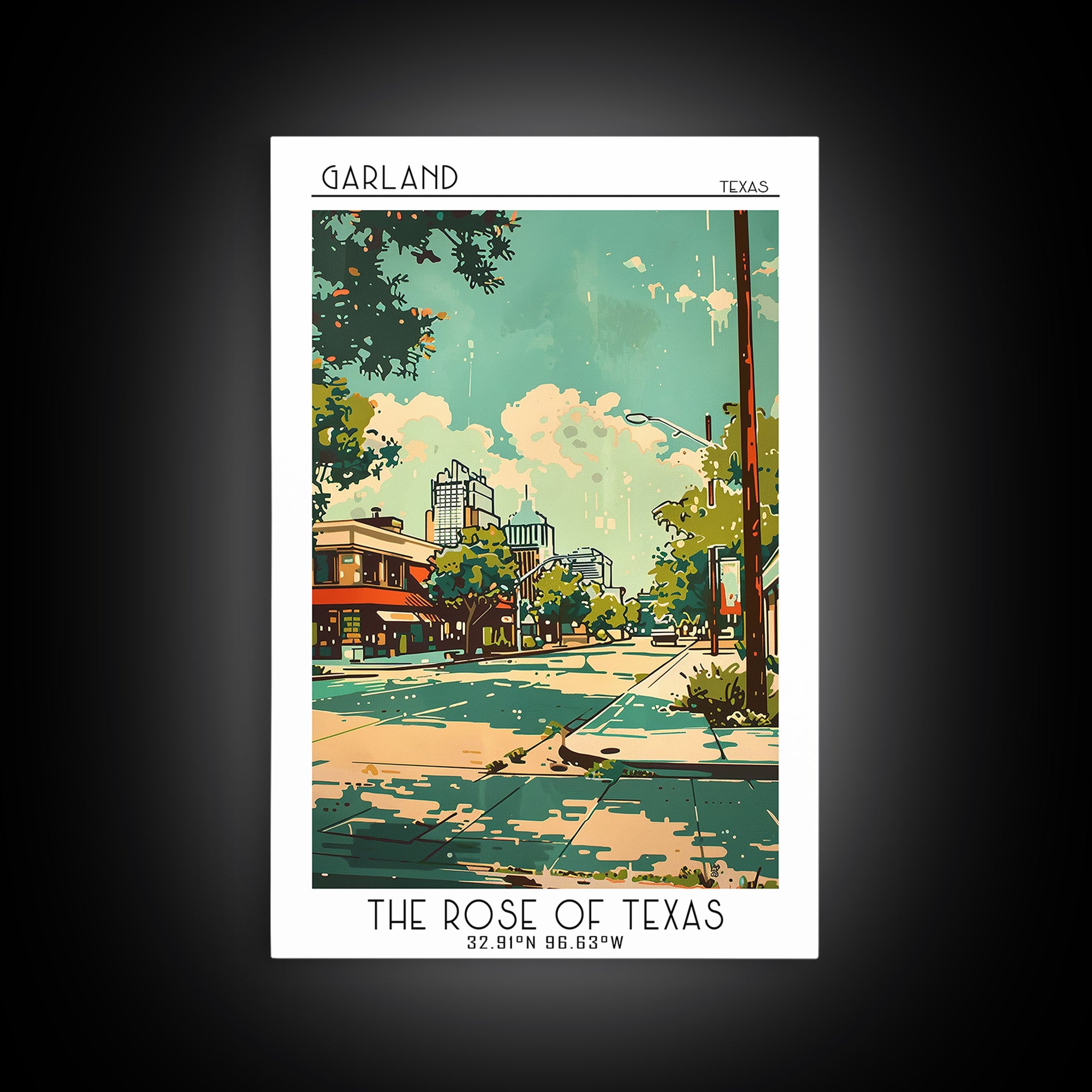 Garland Texas Travel Poster, Framed Canvas Print, Retro Travel Poster, City Wall Art, Wanderlust Gift, Vintage Travel, Landscape Art
