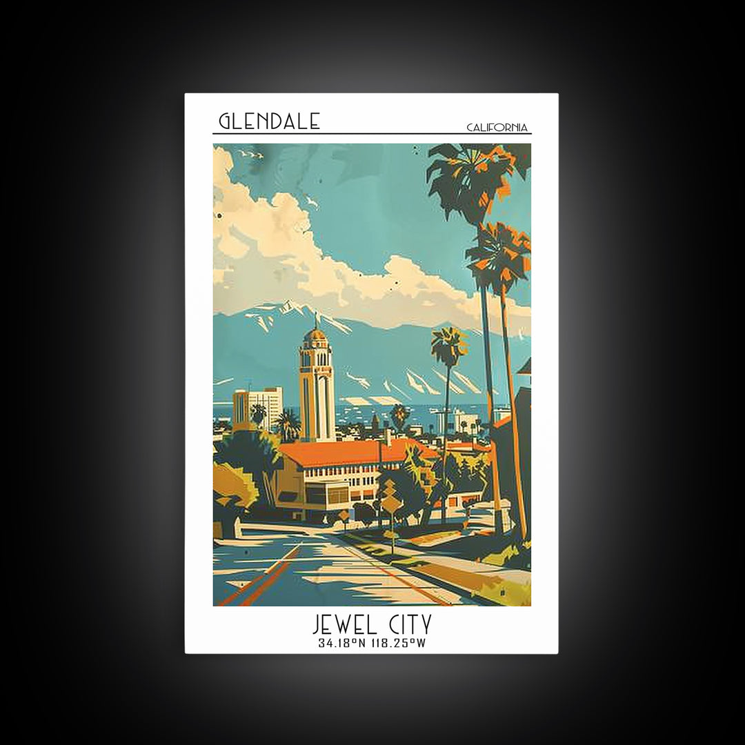 Glendale California Travel Poster, Framed Canvas Print, City Travel Poster, Vintage City Poster, Vintage Travel Art, Vintage Posters
