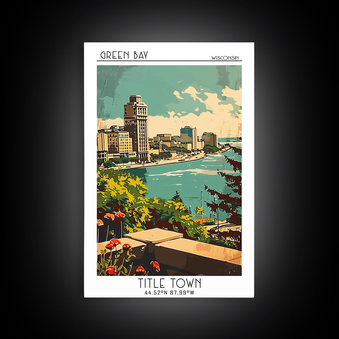 Green Bay Travel Poster, Framed Canvas Print, Retro Travel Poster, City Wall Art, Art Print, Minimalist Poster, Mid Century Wall Art