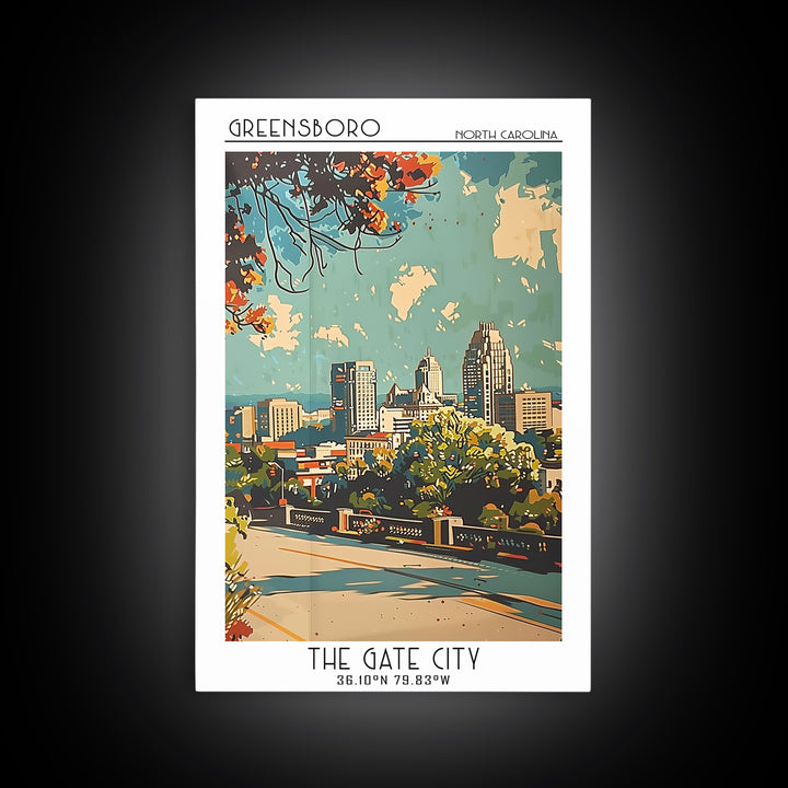 Greensboro Travel Poster, Framed Canvas Print, Retro Wall Art, Travel Print, Living Room Wall Art, Minimalist Poster, Fine Art Print