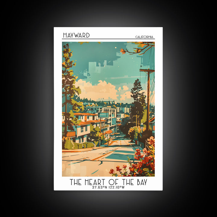 Hayward Travel Poster, Framed Canvas Print, Retro Travel Poster, City Wall Art, Landscape Art, Vintage Travel Art, City Illustration