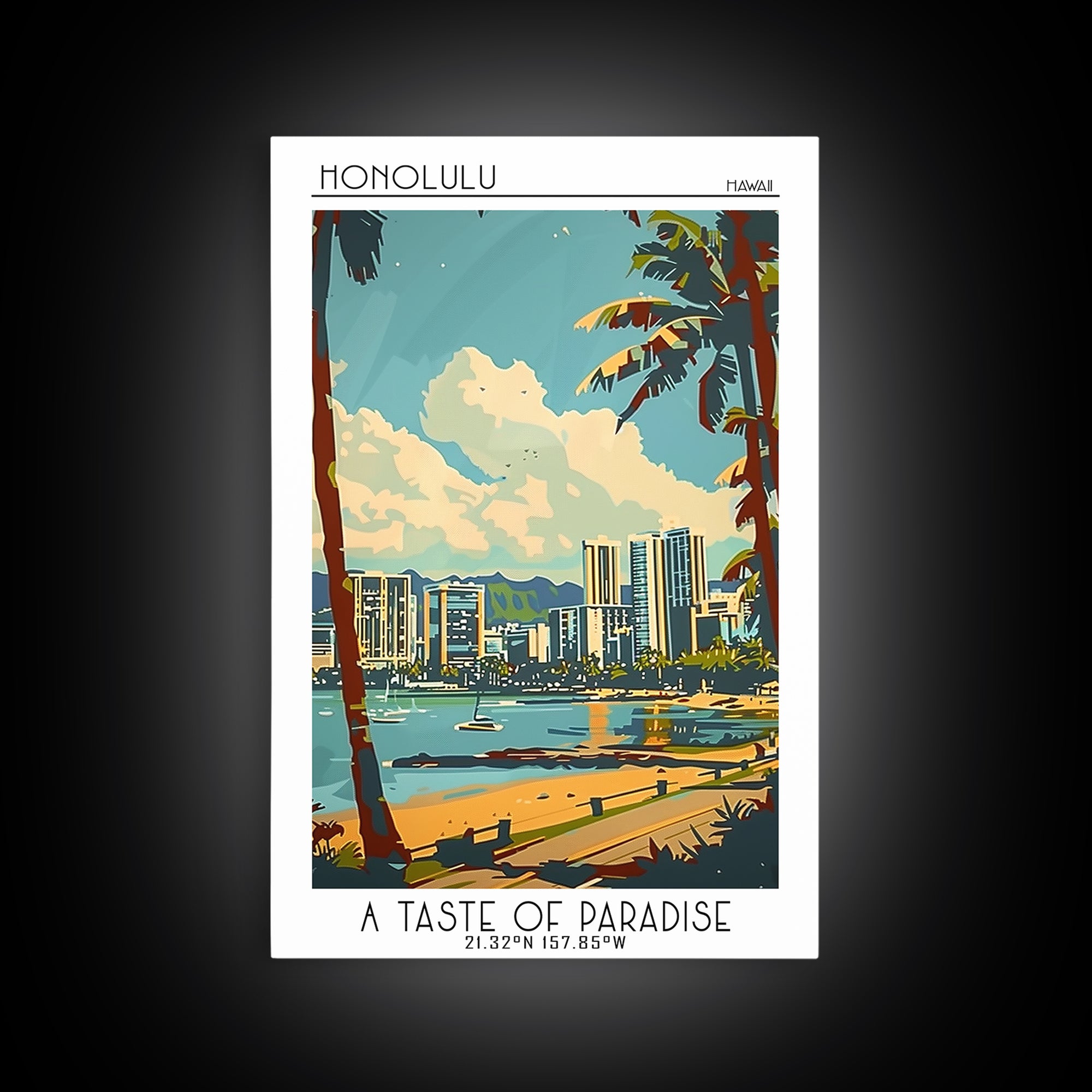 Honolulu Travel Poster, Framed Canvas Print, Poster Print, Travel Wall Art, Fine Art Print, Travel Decor, Art Print, Wanderlust Gift