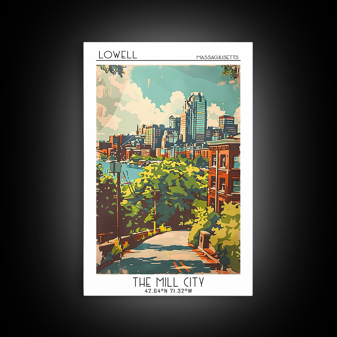 Lowell Travel Poster, Framed Canvas Print, City Travel Poster, Travel Wall Decor, Art Print, Retro Wall Art, Landscape Art, Wall Art
