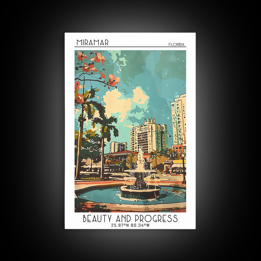 Miramar Florida Travel Poster, Framed Canvas Print, Travel Prints, Landscape Art, City Wall Art, Vintage Travel Art, Vintage Posters
