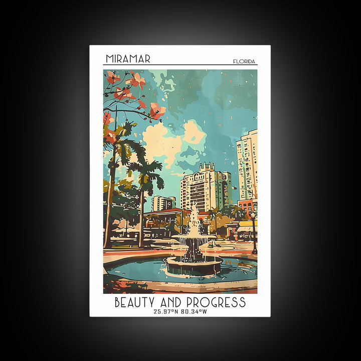 Miramar Florida Travel Poster, Framed Canvas Print, Travel Prints, Landscape Art, City Wall Art, Vintage Travel Art, Vintage Posters