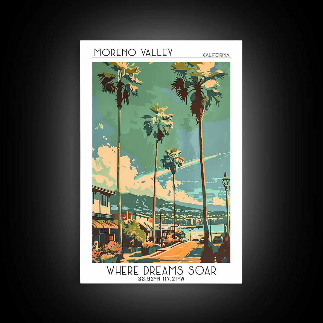 Moreno Valley California Travel Poster, Framed Canvas Print, Travel Wall Art, City Wall Art, Living Room Wall Art, City Illustration