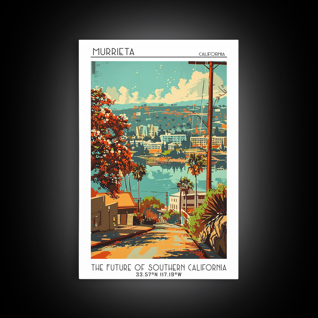 Murrieta California Travel Poster, Framed Canvas Print, Retro Wall Art, Travel Print, Travel Decor, Travel Prints, City Illustration