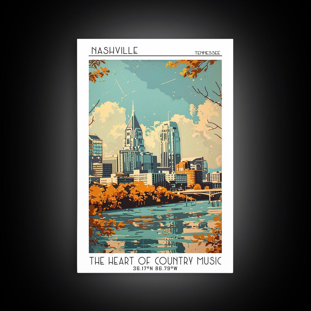 Nashville Travel Poster, Framed Canvas Print, Retro Wall Art, Travel Print, Travel Wall Art, Living Room Wall Art, Colorful Wall Art