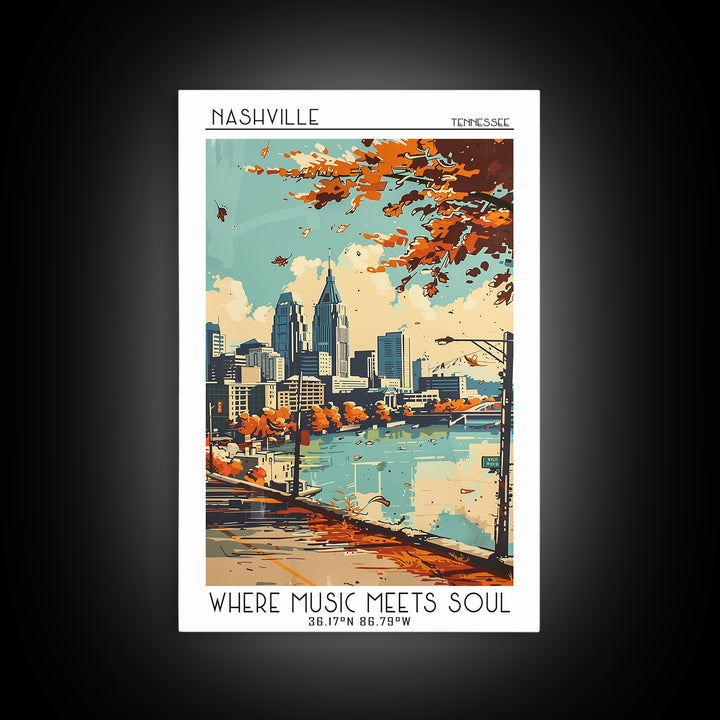 Nashville Tennessee Travel Poster, Framed Canvas Print, Travel Prints, Landscape Art, Poster Print, Mid Century Wall Art, Poster Art