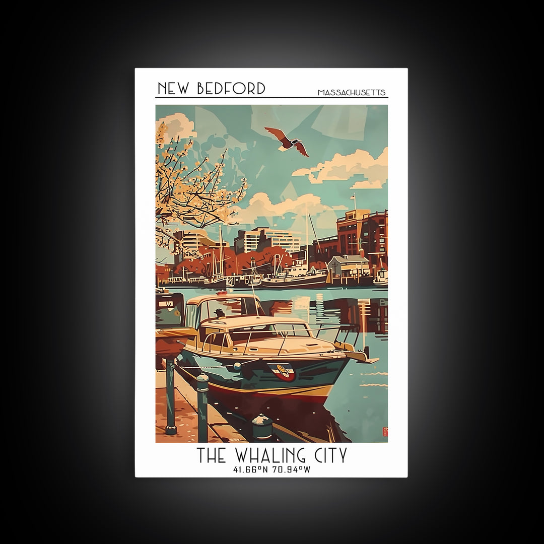 New Bedford Massachusetts Travel Poster, Framed Canvas Print, Retro Travel Poster, City Wall Art, Wanderlust Gift, Home Office Decor