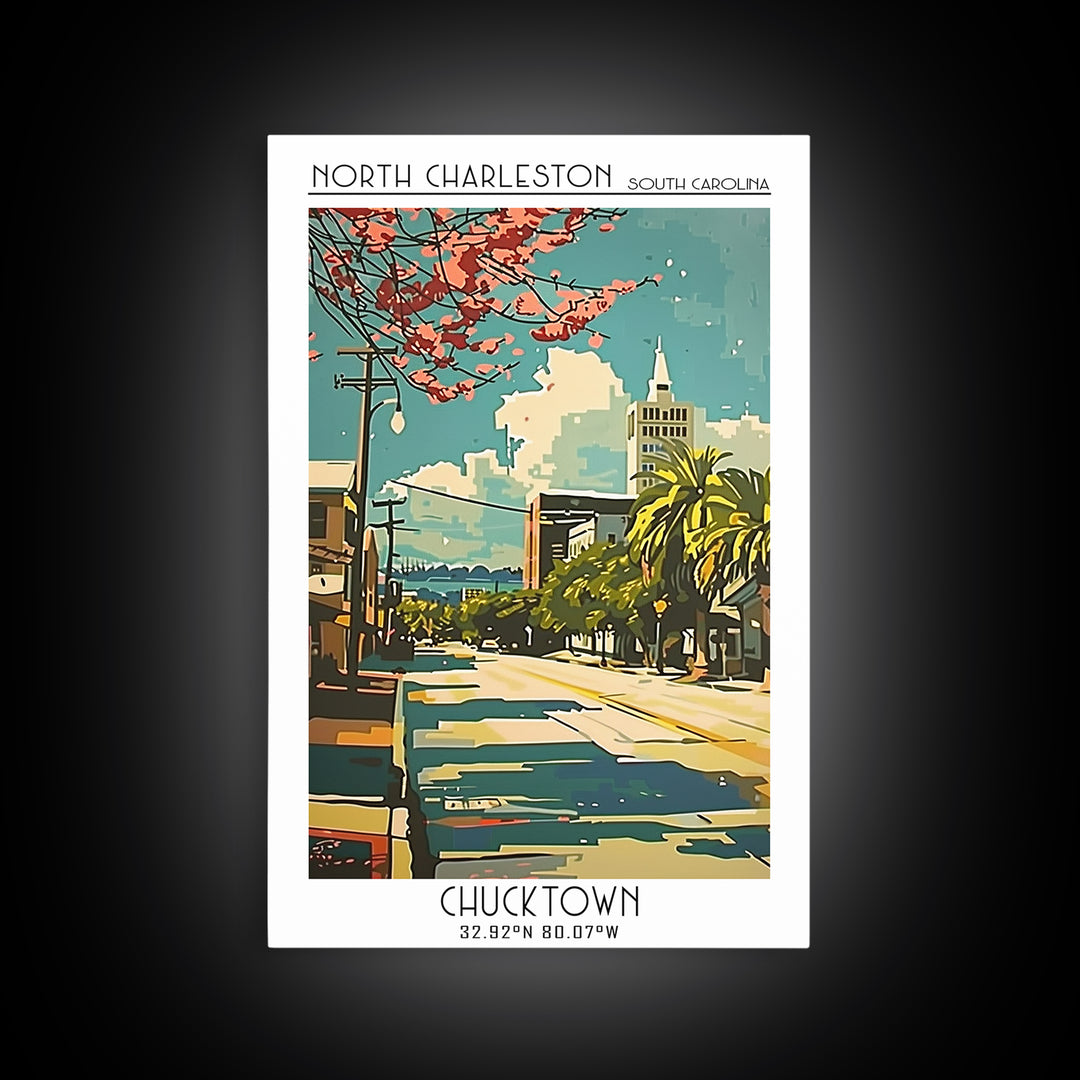 North Charleston South Carolina Travel Poster, Canvas Print, Travel Wall Decor, Minimalist Poster, City Illustration, Retro Wall Art